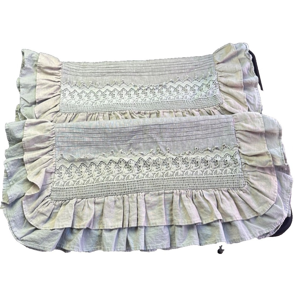 Linen Ruffle Crochet Pillow Shams King Set of 2 Belgium Dove Gray Tie Back Lace